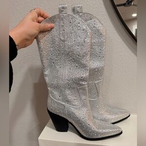 NEW Rhinestone Cowboy Boots Silver Sparkle Western Block Heel Size 7